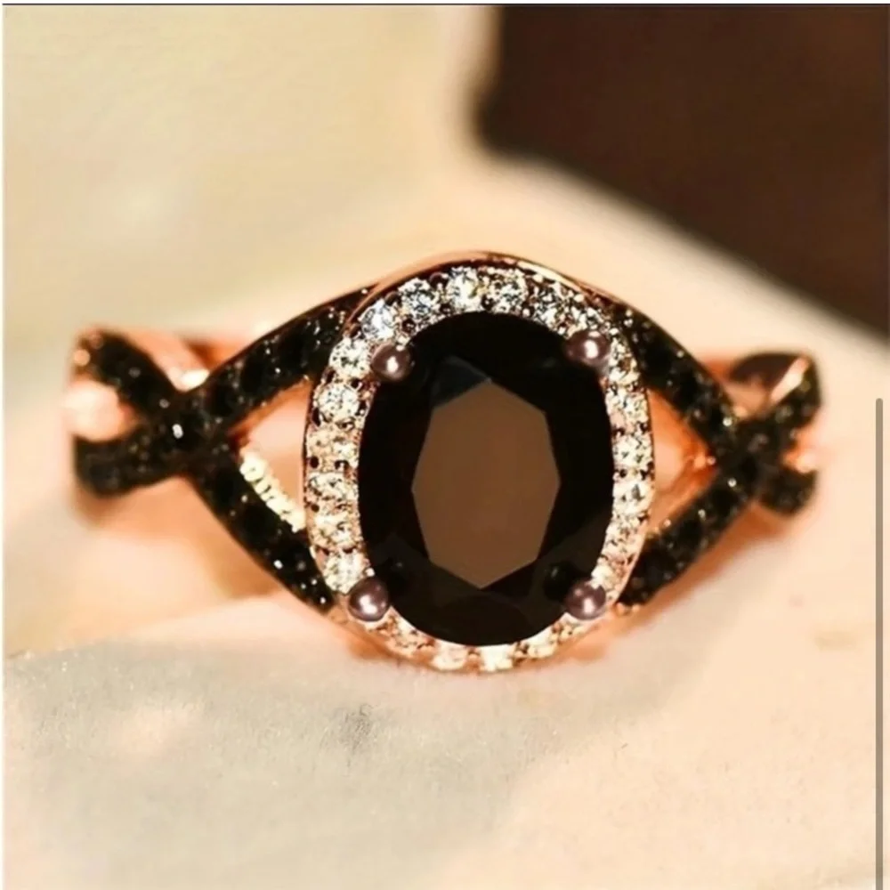 Black Onyx & White Diamond Rose Gold Ring